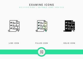 onderzoeken pictogrammen instellen vectorillustratie met solide pictogram lijnstijl. klanttevredenheid controle concept. bewerkbaar slagpictogram op geïsoleerde achtergrond voor webdesign, infographic en ui mobiele app. vector