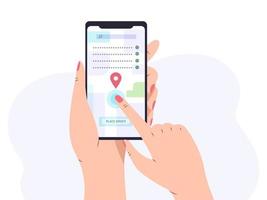 vrouwelijke hand met smartphone met stadsplattegrond op het scherm. vinger touchscreen. vector platte cartoon afbeelding