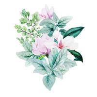 magnolia en bladeren, helder aquarelboeket met varens en lamsoren, met de hand getekende vectorillustratie vector