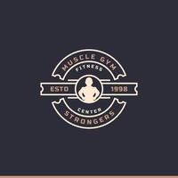 vintage retro badge fitnesscentrum en sport gym logo's typografisch met sportuitrusting tekenen en silhouetten vector