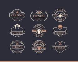 set vintage retro badge fitnesscentrum en sport gym logo's typografisch met sportuitrusting tekenen en silhouetten vector