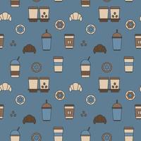 naadloze textuur van koffiekopjes, donuts en croissants, patroon, abstracte achtergrond, behang vector