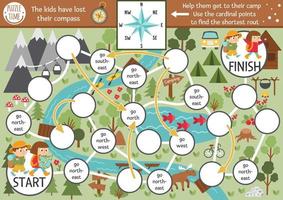 zomerkamp dobbelstenen bordspel voor kinderen met kaart- en kompaspunten. actieve vakanties bordspel met wandelende kinderen die naar het kamp gaan. gezinsuitje activiteit. natuur buiten afdrukbaar werkblad vector