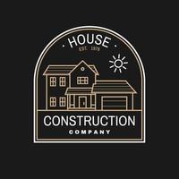 identiteit van het huisbouwbedrijf met Amerikaans huis in de voorsteden. vectorillustratie. dunne lijn badge, teken voor onroerend goed, bouw- en constructiebedrijf gerelateerde zaken. vector