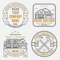 set huisbouwbedrijf identiteit met suburbane amerikaanse huis. vectorillustratie. dunne lijn badge, teken voor onroerend goed, bouw- en constructiebedrijf gerelateerde zaken. vector