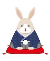 het jaar van de konijnenmascotte gekleed in Japanse kimono die zijn nieuwjaarsgroeten aanbiedt. vector