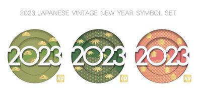 het jaar 2023 groet symboolset versierd met Japanse vintage patronen, dennen, bamboe en pruimen. tekstvertaling - konijn. vector