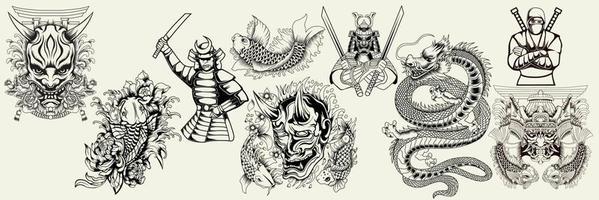 Japanse traditionele kleurrijke elementen instellen met dragon samurai katana's torii poort koi vis bushido ninja zee golven chrysant en sakura bloemen geïsoleerde vector illustratie