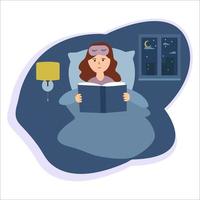 nacht lezen. een meisje dat een boek leest voor het slapengaan. vrouw ligt in bed op een kussen, bedekt met een deken. vector illustratie