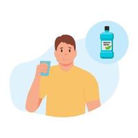 man gorgelen tijdens het gebruik van mondwater uit een glass.daily mondhygiëne routine. tandheelkundige gezondheid concept.spoel uw mond vectorillustratie vector