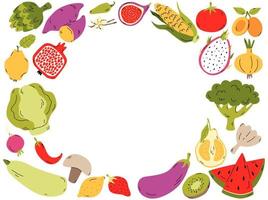 framesjabloon voor biologische voeding, handgetekende groenten en fruit voor menuomslag, banner of brochure. cartoon vectorillustratie. vector