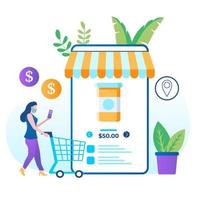 e-shop, winkelconcept met karakters. commerciële kassa betalen, e-commerce detailhandel op apparaat voor klanttoepassing. korting voor slimme aankopen van vrouwen. platte vectorillustratie vector