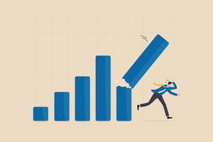 economische recessie door hoge inflatie, beurscrash, crisis of depressie, investeringsrisico of prijsdaling die geldverlies veroorzaakt, angst voor zakenmaninvesteerder die wegrent van instortende grafiek. vector