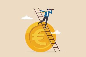 europa economie voorspelling of visie, eu financiële of economische recessie vooruit, kijk om toekomstig concept te zien, zakenmaninvesteerder klim ladder op euro geldmunt kijk op telescoop voor duidelijk zicht. vector