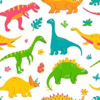 grappige dinosaurussen en tropische planten, kleurrijke kinderprint voor stof, ansichtkaarten. vector naadloos patroon