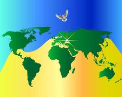 wereldkaart op een donkerblauwe gele achtergrond met een duif vector