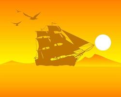 zeilschip op een oranje achtergrond van de lucht en de zon vector