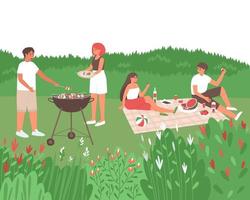 vrienden bereiden eten op een barbecue in de natuur vector