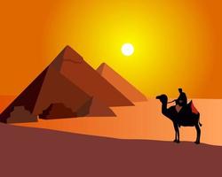 de Egyptische piramiden op een oranje achtergrond en een staande kameel vector