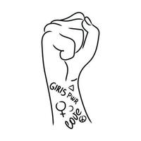 vrouwelijke hand met vuist opgewekt vector overzicht illustratie geïsoleerd op een witte achtergrond. vrouwelijke hand met tatoeage, concept van gelijkheid, meisjesmacht en kracht van vrouwen.