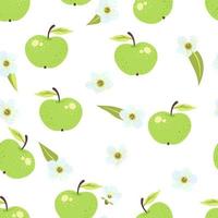 naadloos schattig groen appelpatroon met fruit, bladeren, witte bloemenachtergrond. vector illustratie zomerdekking, wallpaper textuur, inwikkeling van achtergrond, vintage verpakking.