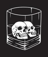twee menselijke hoofdschedels binnen whiskyglas in zwart-witte vectorillustratie van de lijnkunst vector