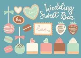 bruiloft sweet bar set van vectorillustraties - popcake, macaron, macaron, aardbei in chocolade, buscuit, cookie, cake vector