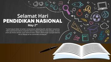 hari pendidikan nasional indonesië of indonesië nationale onderwijsdag achtergrond met een boek op tafel en een illustratie van onderwijs op het bord vector