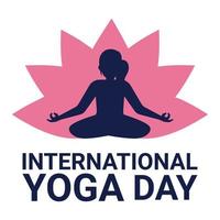 happy yoga day vectorillustratie met zwarte teksteffect, zwart, vrouw die yoga doet, dame, vrouw, yogapositie, internationale yogadag speciaal, blauwe tint, teksteffect, roze lotus. vector