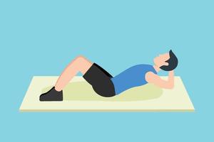 man doet sit-up oefening voor buikspieren vector. jonge jongen die een blauw overhemd vlak karakter draagt. atletische man die sit-ups doet voor de buik- en buikoefeningen. mannen doen crunches in de sportschool. vector