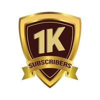 1k abonnee viering badge met gouden verloop lint en donkere kleur schaduw vectorillustratie op een witte achtergrond, 1k abonnee viering met gouden abonnee badge. vector