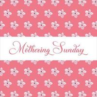 moederzondag banner met kersenbloesems. roze bloemen over blauw geschilderde strepen op wit. moederdag wenskaartsjabloon, rechthoekige framerand met kalligrafische tekst vector