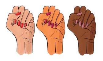 vrouwelijke revolutie, staking, protest. meisjeshanden met gebalde vuisten. hand getekende vector voorraad illustratie geïsoleerd op een witte achtergrond. witte, Aziatische en Afrikaanse handen. vrouwen verzetten zich, feminisme symbool.