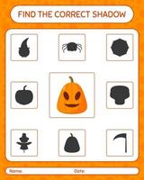 vind het juiste schaduwspel met jack o' lantern. werkblad voor kleuters, activiteitenblad voor kinderen vector