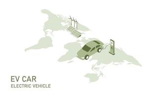 elektrische auto, ev auto, accu opladen bij elektrisch laadstation. duurzame groene energie voor ecologische omgeving. futuristische transporttechnologie. vector