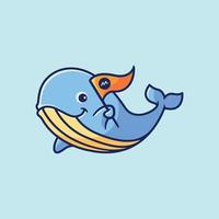 een schattige walvis die een vlagbeeldverhaalillustratie brengt vector