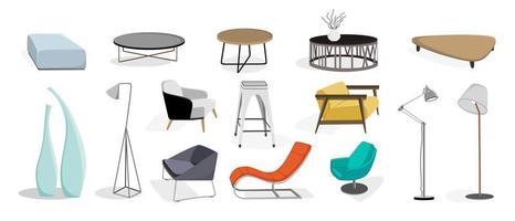 modern interieur meubilair set fauteuil, lamp, bank salontafel vectorillustratie in vlakke stijl geïsoleerd vector