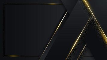 3D-moderne luxe sjabloonontwerp zwarte en gouden driehoeken strepen met gouden glitter lijn licht vonken op donkere achtergrond vector