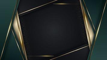 3D-moderne luxe sjabloonontwerp groene en gouden strepen met gouden glitter lijn licht vonken op zwarte achtergrond vector