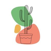 cactus in bloempot. lijn kunst hand getekende kamerplant met gekleurde abstracte vormen. vector