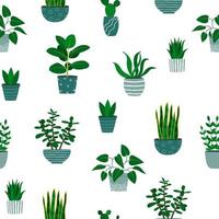 naadloos patroon van kamerplanten in bloempotten. cartoon kleurrijke planten op witte achtergrond vector