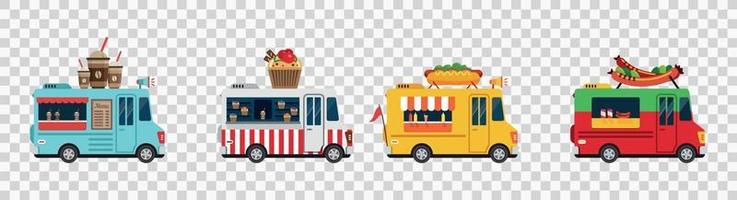voedsel vrachtwagens geïsoleerde vector auto's, cartoon bestelwagens voor straatvoedsel verkopen vector