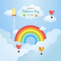 gelukkige internationale kinderdagillustratie met regenboog en luchtballon op blauwe hemelachtergrond vector