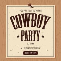 cowboy partij poster, broadsheet of banner op een papier genageld aan een houten plank. aankondiging van het wilde westen cowboyfeest met belettering in westerse stijl. platte vectorillustratie. vector