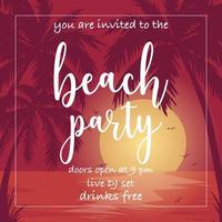 beach party banner vector sjabloonontwerp in vlakke stijl. zomer strandfeest poster, uitnodiging, flyer of brochure lay-out met zonsondergang aan zee, vliegende vogels en palmbomen op de achtergrond.