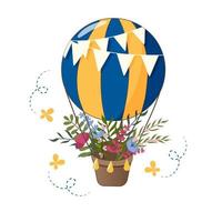 handgetekende kleurrijke luchtballon met bloemen, bladeren en vlinders. vector