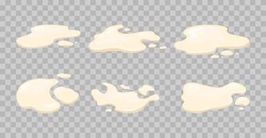 mayonaise, saus ingesteld op een transparante achtergrond. morsen van plassen beige vloeistof. cartoon vectorillustratie. vector