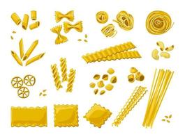verschillende soorten pasta. Italiaanse noedels en macaroni.decor van het restaurantmenu van de Italiaanse keuken. vector tekenfilm set