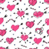roze harten met pijlen naadloos patroon. handgetekende vector achtergrond voor Valentijnsdag.