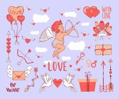 Valentijnsdag ingesteld. cupido en de elementen van liefde. vectorillustratie. vector